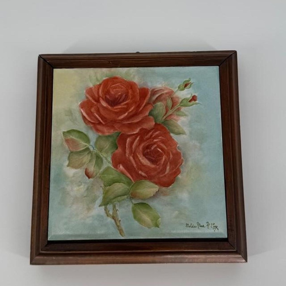 Vintage 1970s Red Roses Framed Wood Jewelry Box 8x8 Floral Wall Decor